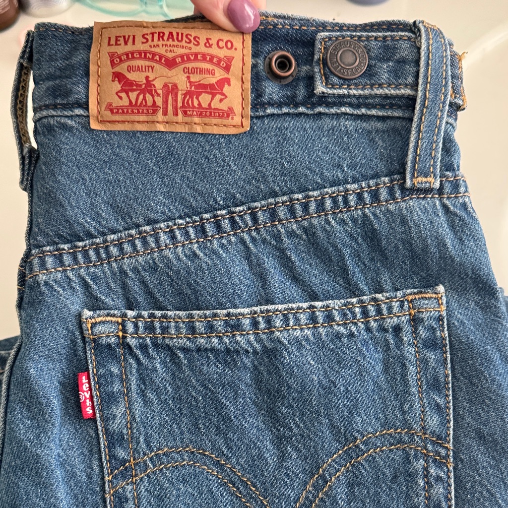 Levi's Medium Blue Wide Leg Flare Jeans With Brown Leather Patch